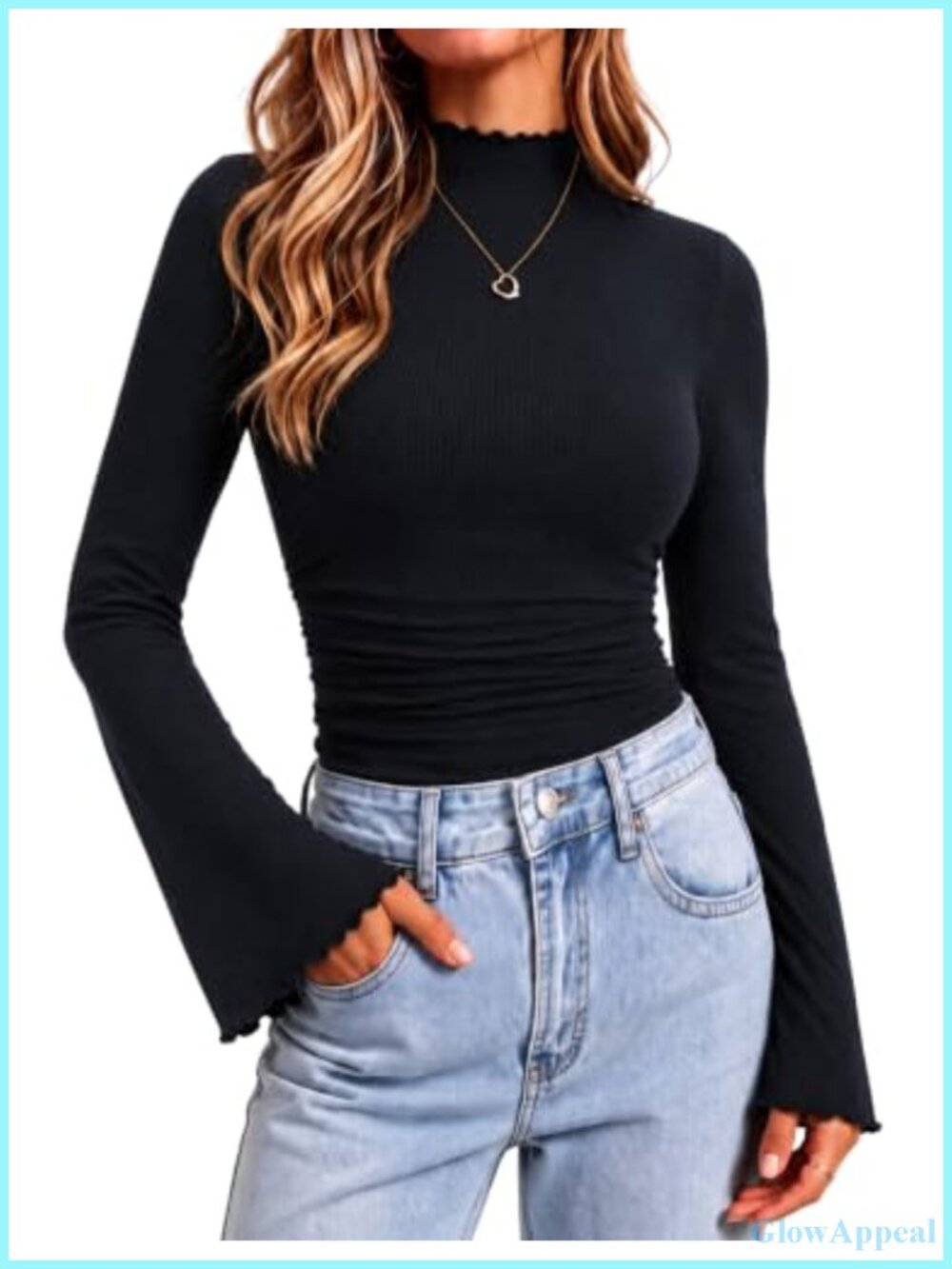 Ribbed Knit Mock Neck Bell Sleeve Slim Fit Long Sleeve Top